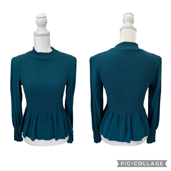 Karlie Tops - Karlie Teal Smocked Long Sleeve High Neck Blouse Size Small Elegant Work Office